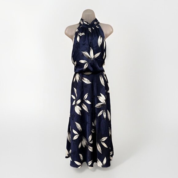 Adrianna Papell Halter Midi Dress Blue Floral Wedding Guest Women's Size 8 - Picture 1 of 8